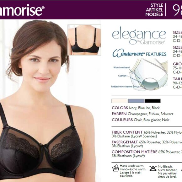 Glamorise 44D WONDERWIRE Bra Satin & Lace UNDERWIRE (FLEXI SIDE BONES) Blue NEW - Picture 12 of 16